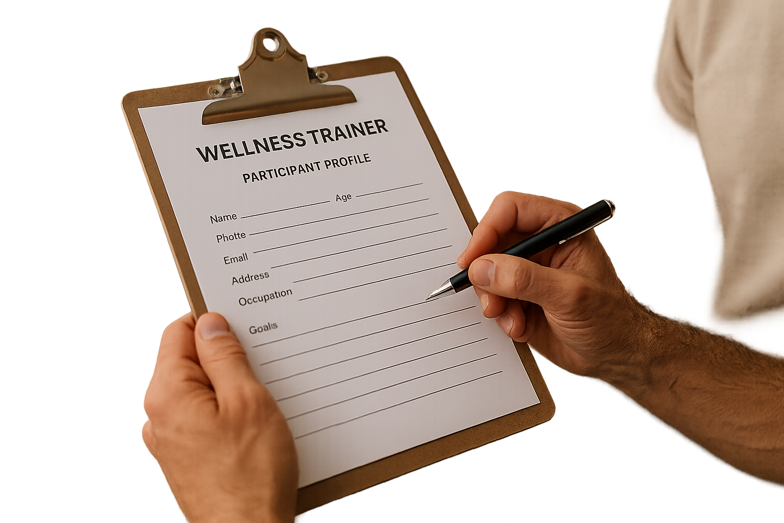 “Ultra-realistic close-up of a wellness trainer’s hands holding a clipboard and pen, reviewing a participant profile. Background softly fades into a calm training environment with plants and warm neutral tones. Crisp details, clean composition, transparent background, professional and authentic aesthetic.”